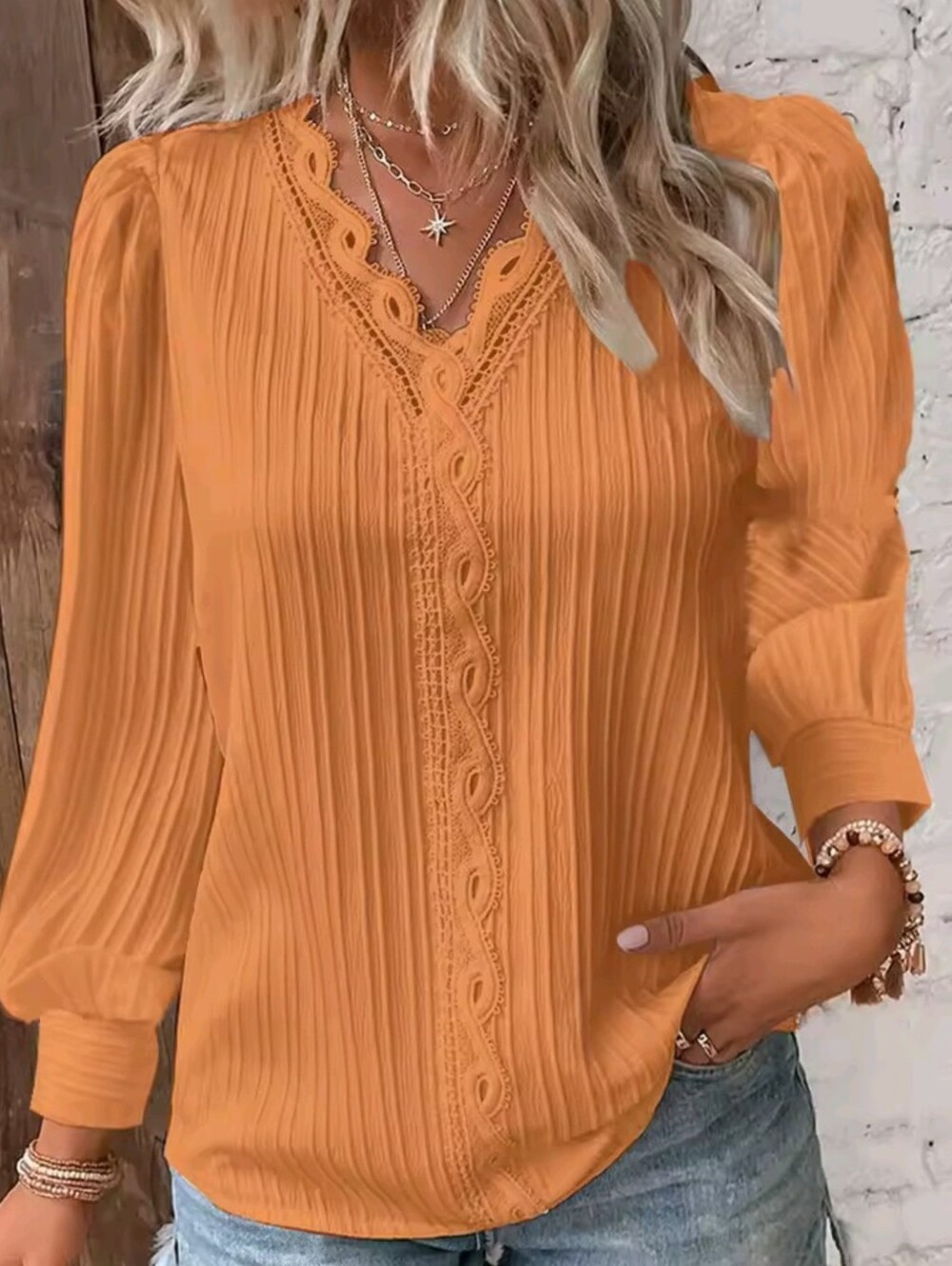Women's Hollow Lace Patchwork V Neck Long Sleeve Blouse